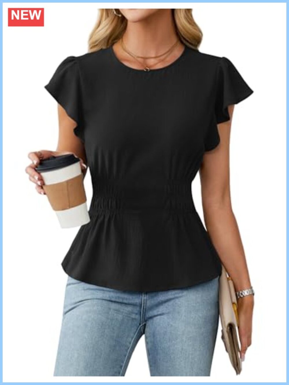 Women's Peplum Top with Cinched Waist, Ruffle Short Sleeve, Business Casual